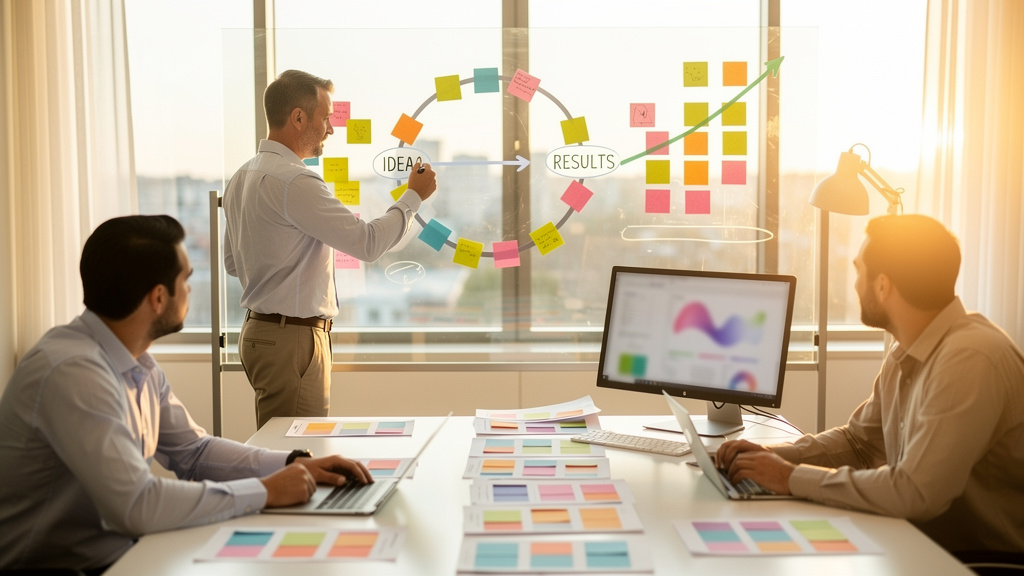 Editorial photograph of a marketing executive reviewing a 90-day launch plan with a procurement partner at a sunlit conference table
