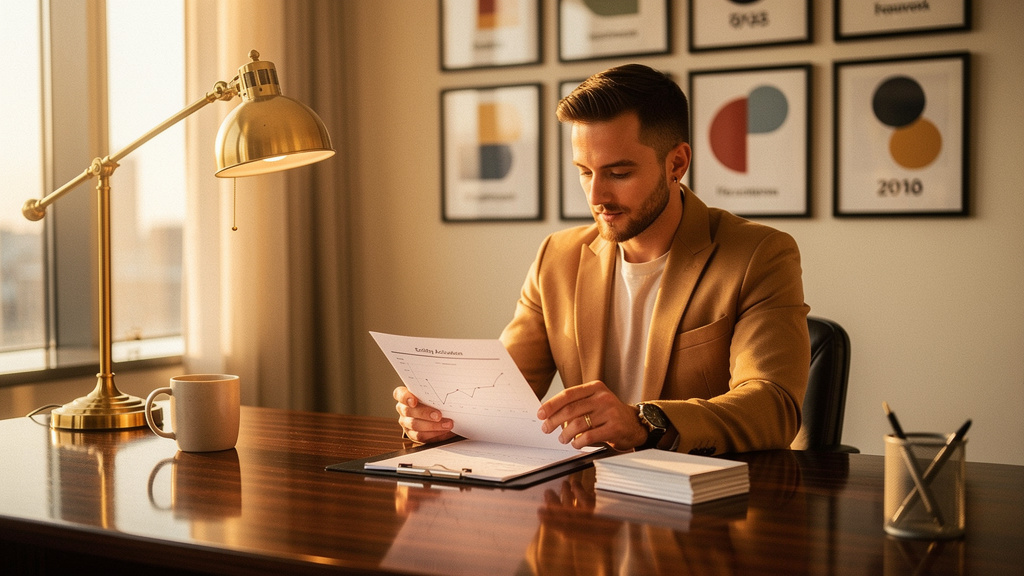 Brand founder reviewing a printed entity activation roadmap and a stack of knowledge-graph reference cards at a warm-lit walnut desk during golden hour