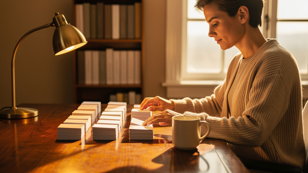 Editorial researcher arranging printed glossary term index cards alphabetically on a warm wood desk with brass desk lamp