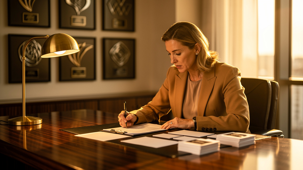 Sales enablement leader reviewing a printed AEO insights brief and a stack of competitive battle cards at a warm-lit walnut desk during golden hour
