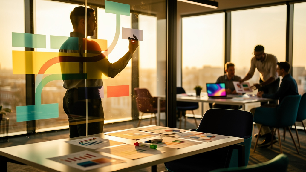 Marketing strategist showing a compounding citation share chart on a glass wall in a warm, sunlit office