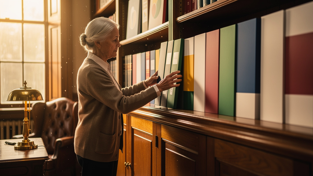 Archivist organizing a row of color-coded knowledge binders on a warm-lit oak library shelf at golden hour