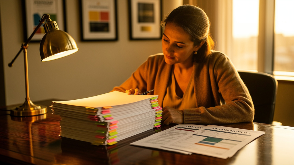 Content auditor reviewing a stack of printed blog posts marked with colored sticky tabs at a warm-lit walnut desk during golden hour