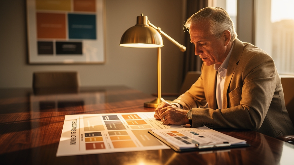 Senior marketer reviewing a printed buyer-question map across a warm-lit walnut conference table at golden hour