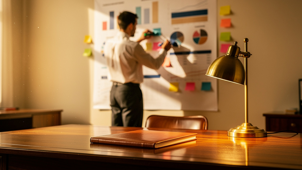 Analytics specialist updating a printed wall dashboard chart in a warm-lit office with markers and tabs