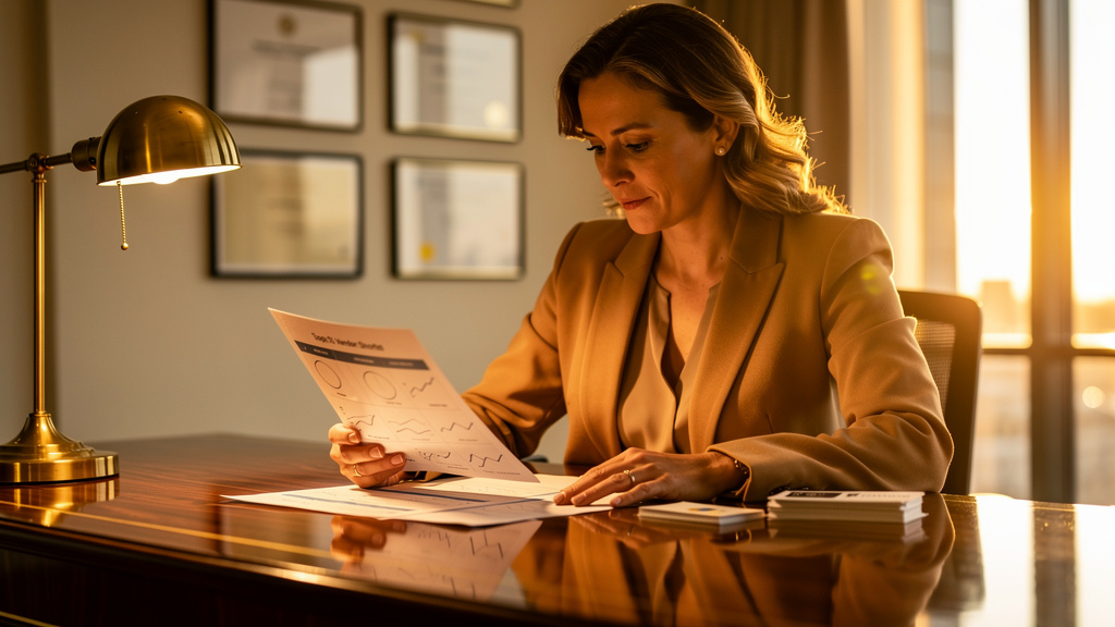 Competitive intelligence analyst reviewing a printed top-10 shortlist comparison and a stack of vendor reference cards at a warm-lit walnut desk during golden hour