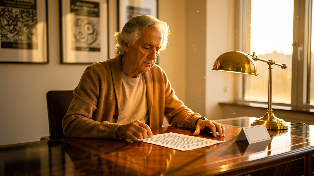 Senior writer reviewing a printed glossary draft and a stack of definition cards at a warm-lit walnut desk during golden hour