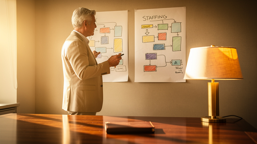 Marketing director comparing two staffing diagrams pinned to a warm-lit office wall at golden hour