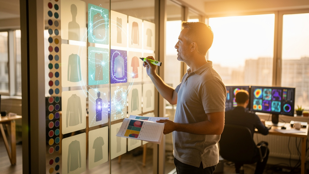 Editorial photograph of an e-commerce director reviewing a category-level AI visibility audit at a sunlit desk