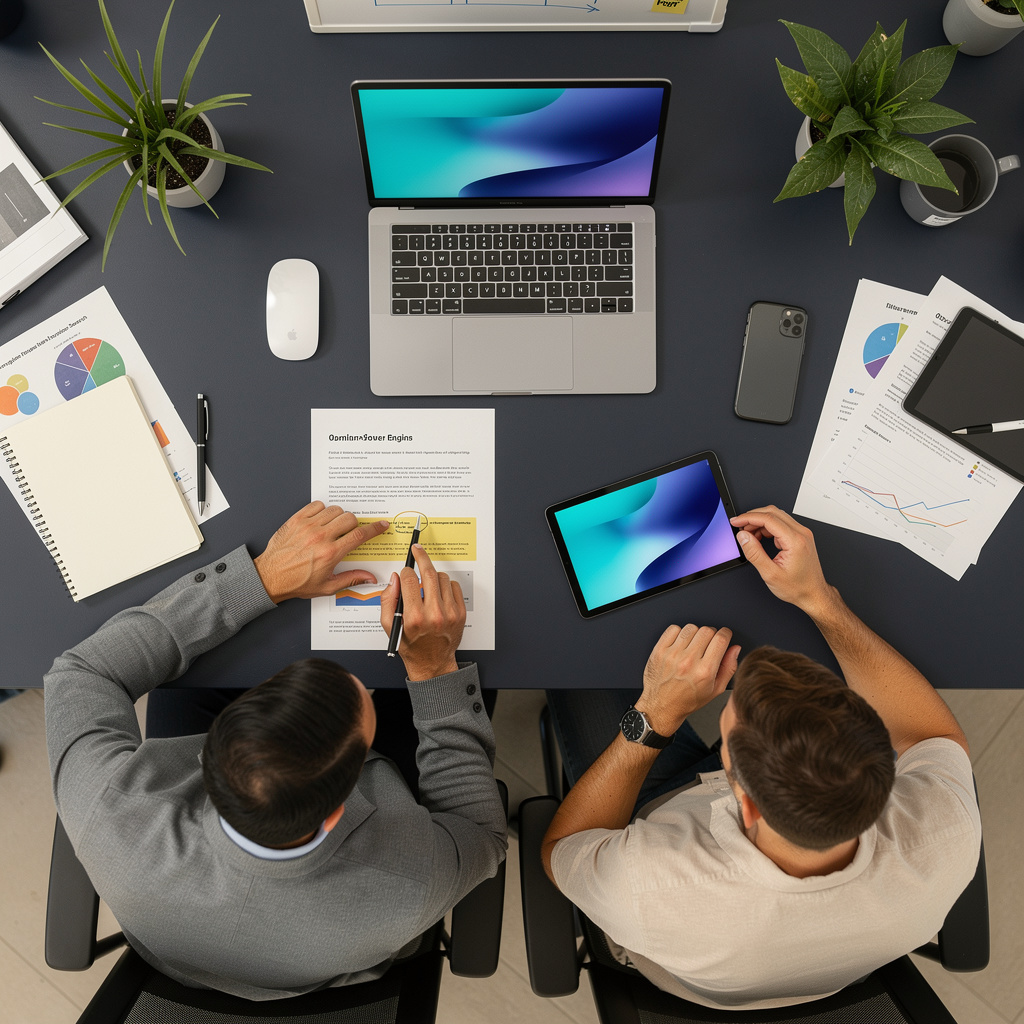 Marketing executive reviewing AI visibility competitive landscape data on printed charts at a sunlit conference desk