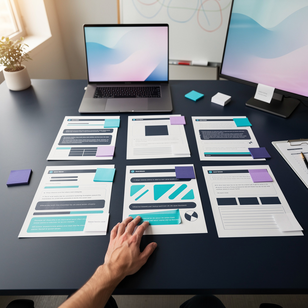 Marketing leader examining a printed AI visibility report with highlighted citation trends at a warm wooden desk
