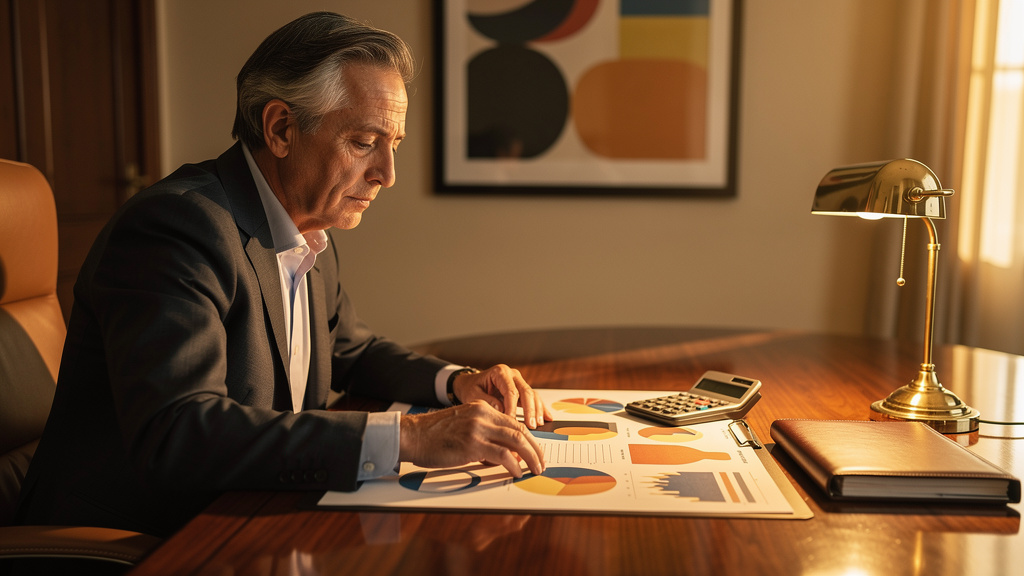 CFO reviewing a printed ROI report with charts on a warm-lit boardroom table at golden hour