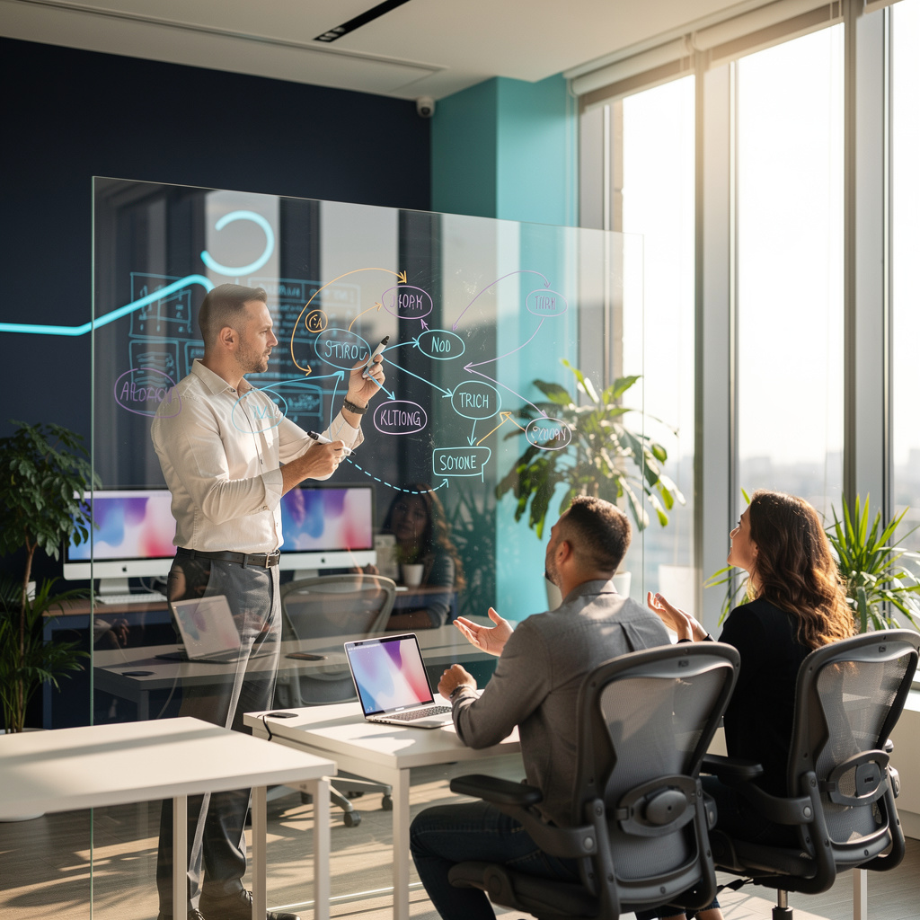 Marketing professional analyzing AI visibility data in a warm modern office