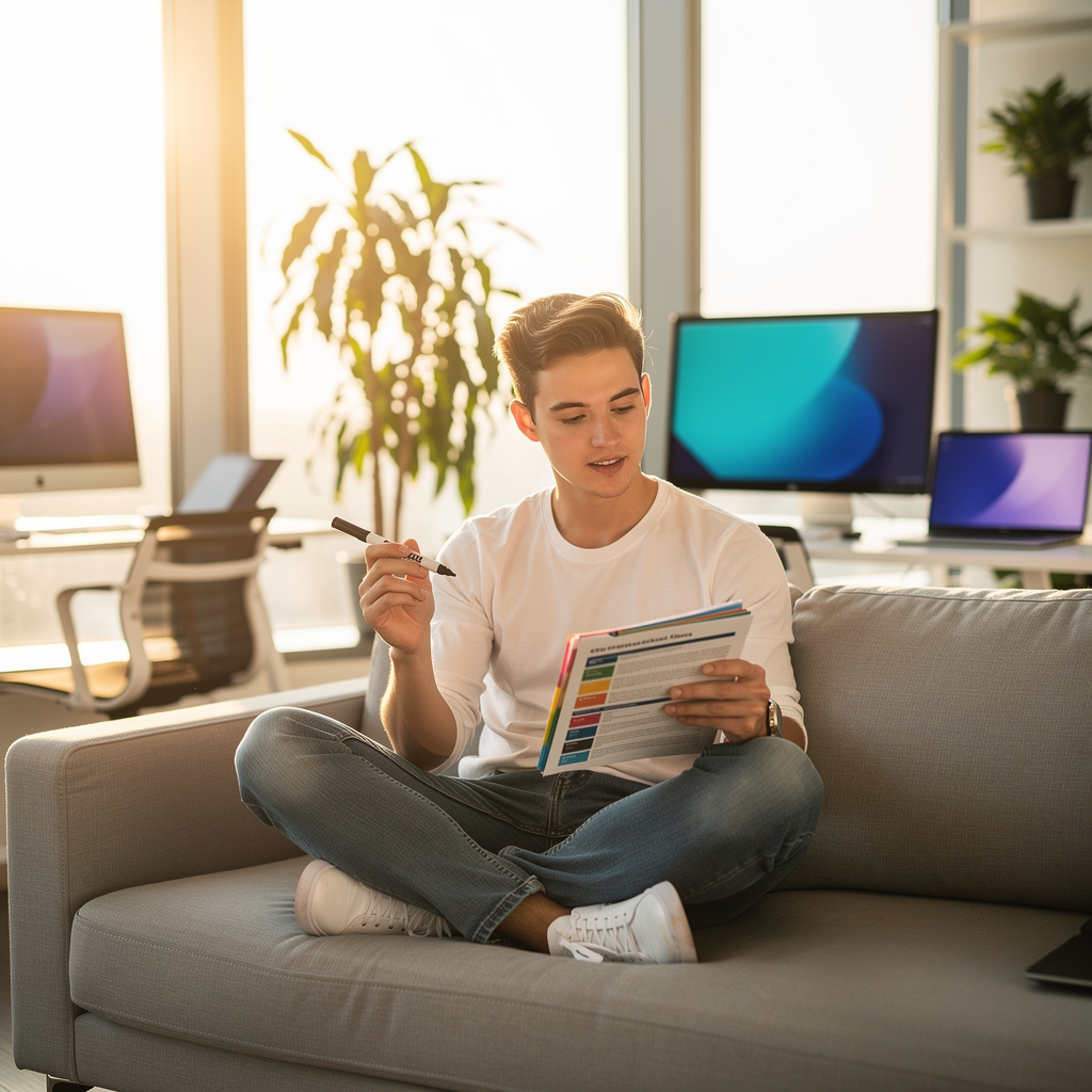Marketing analyst reviewing monthly AEO optimization reports with trend charts and sticky note action items