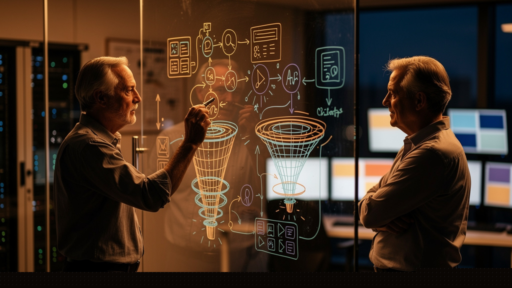 Senior technical consultant annotating a printed structured-data schema diagram on a warm-lit office desk