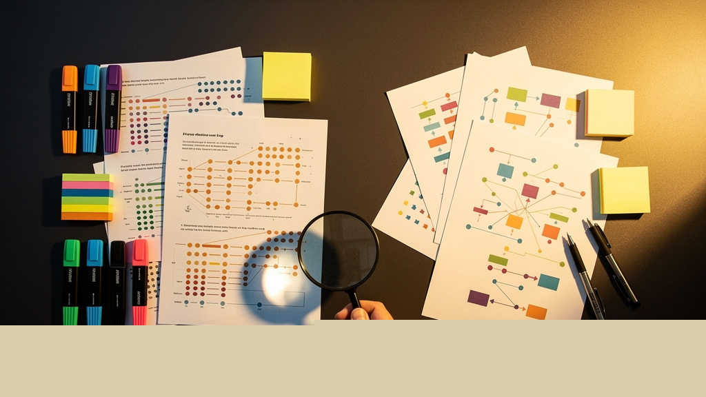 Marketing analyst reviewing a multi-dimension citation scoring report on a sunlit office desk