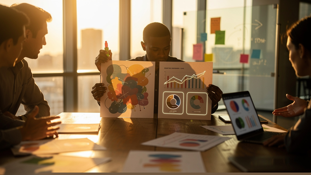 Marketing analyst studying a printed single-page executive summary report at a warm-lit office desk
