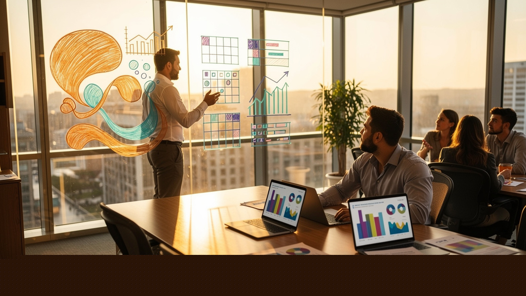 Marketing leader inspecting competitive benchmark reports across a sunlit boardroom table