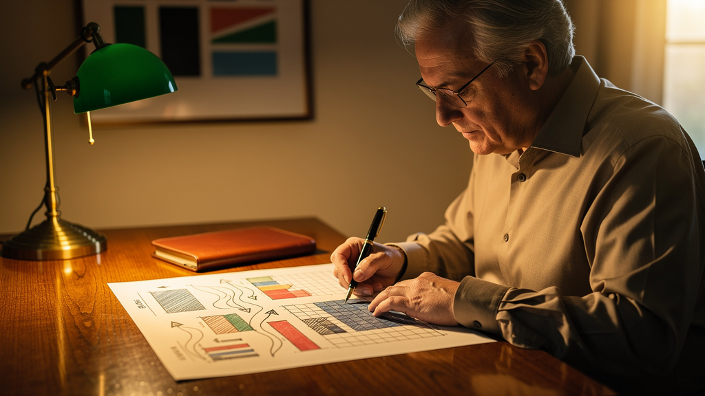 Research analyst sketching a printed data chart with a fountain pen at a warm-lit oak desk with a leather notebook