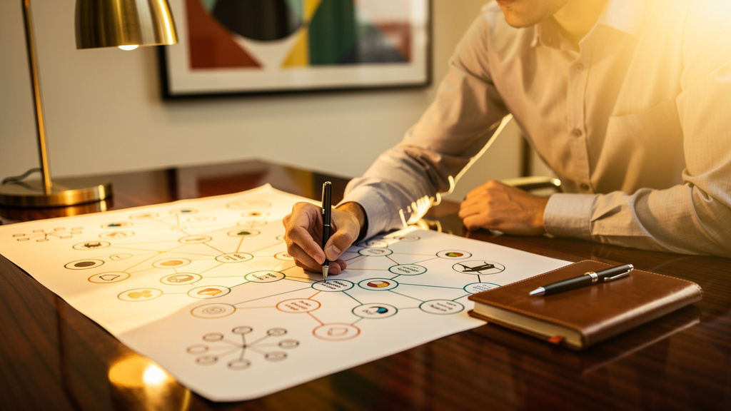 Marketing analyst tracing a citation map across a printed knowledge graph at a warm-lit desk with a brass lamp