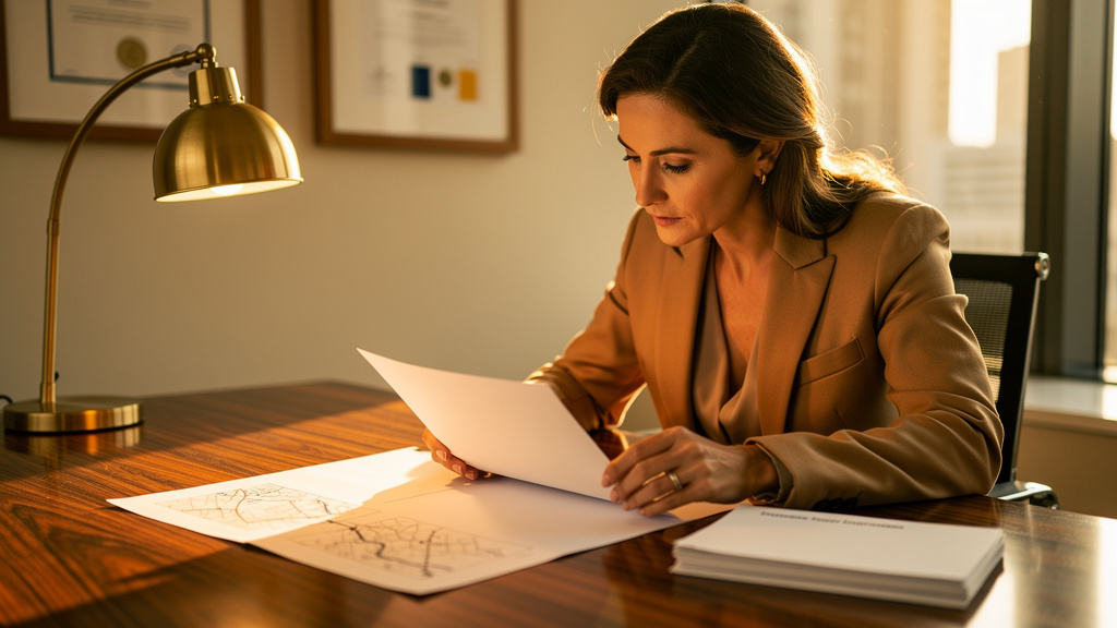 Product marketing leader reviewing a printed prompt-coverage map and a stack of customer interview transcripts at a warm-lit walnut desk during golden hour