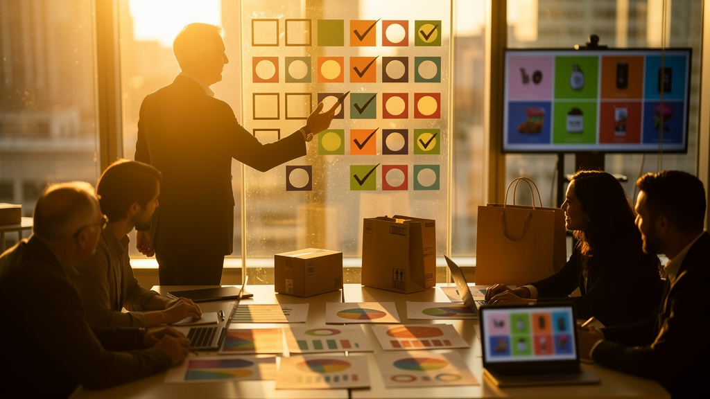 Editorial photograph of an e-commerce director and a finance partner reviewing a printed results audit at a sunlit conference table