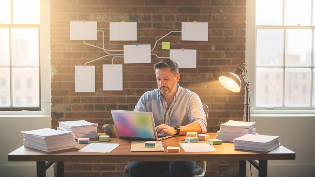 A content strategist sorting through printed articles spread across a desk, marking up pages with a pen in warm light