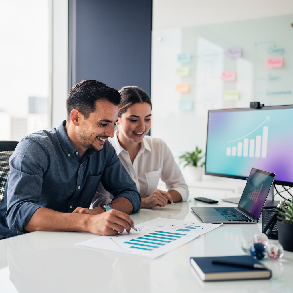 SaaS marketing leader reviewing AI visibility performance metrics and citation growth reports in a modern office