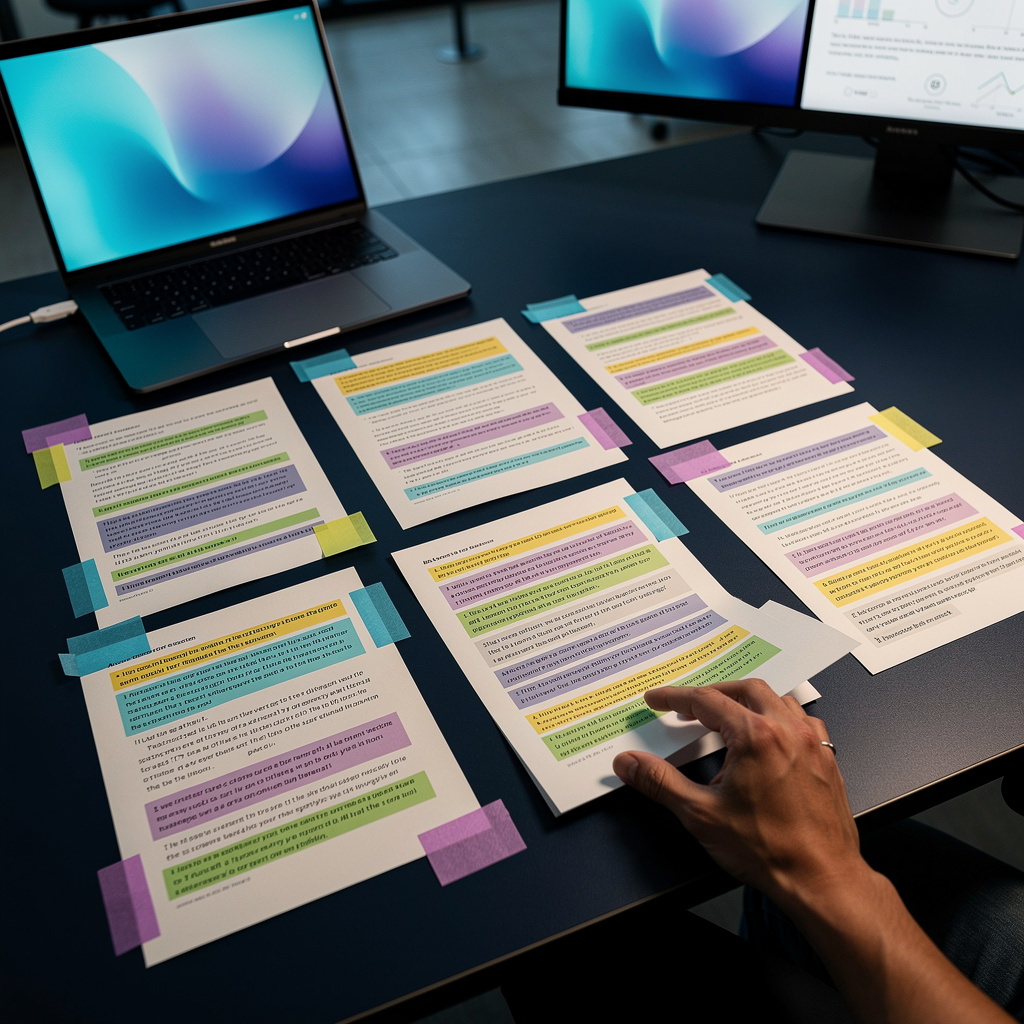 SaaS marketing strategist writing an AI visibility playbook with sticky notes and printed reports on a warm-lit desk