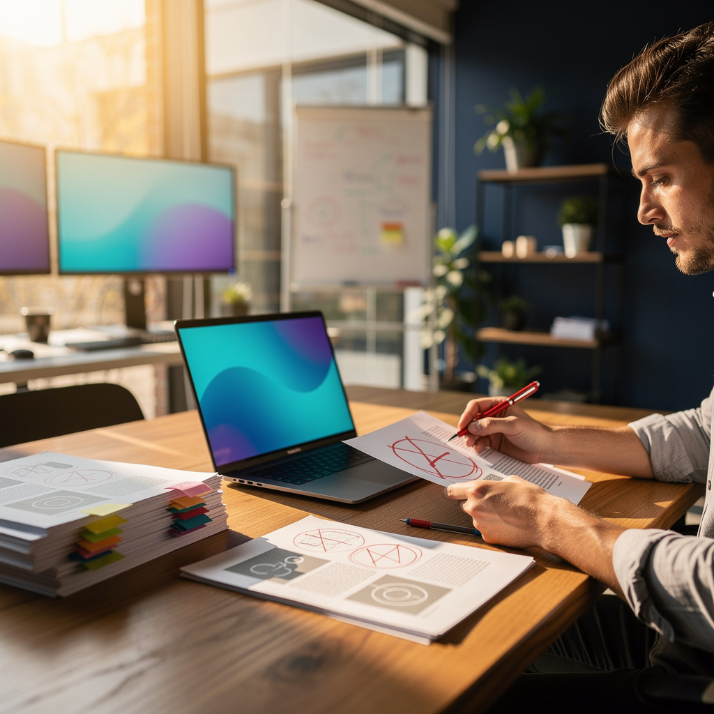 SaaS marketing strategist mapping out a content calendar on a large whiteboard covered in colorful category cards and timeline markers