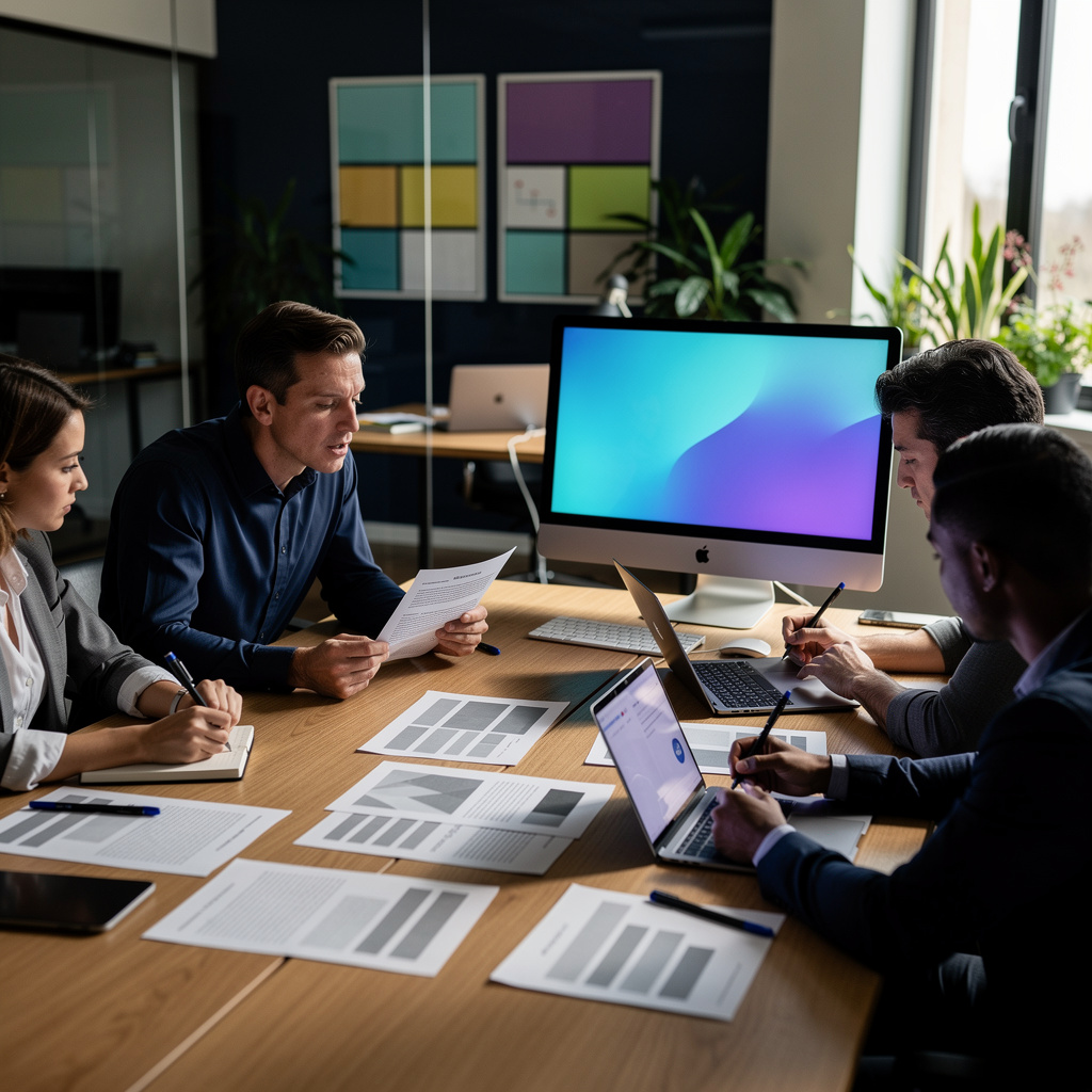 Marketing executive building AEO content strategy roadmap with quarterly milestones and content architecture mapping
