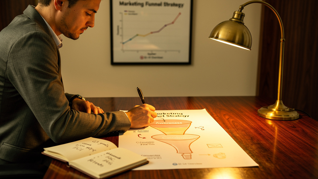 Marketing analyst sketching a three-stage funnel on a printed strategy chart at a warm-lit desk with brass lamp