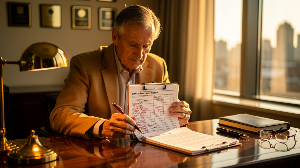 Senior editor reviewing a printed QA checklist clipped to a printed article draft on a warm-lit walnut desk during golden hour