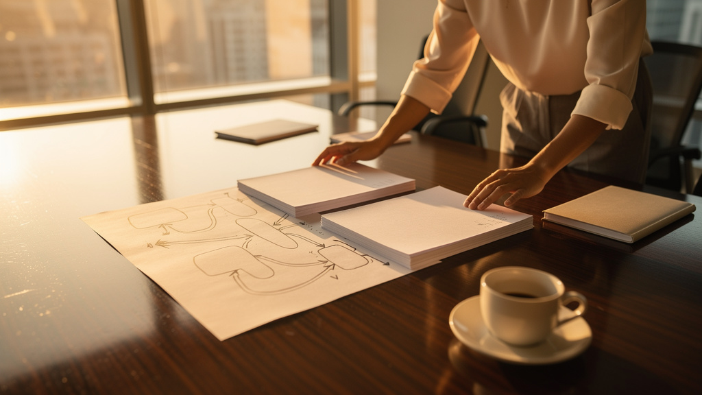 A program manager laying out three labeled stacks (tools, templates, tracking) on a sunlit conference table with a connecting paper diagram