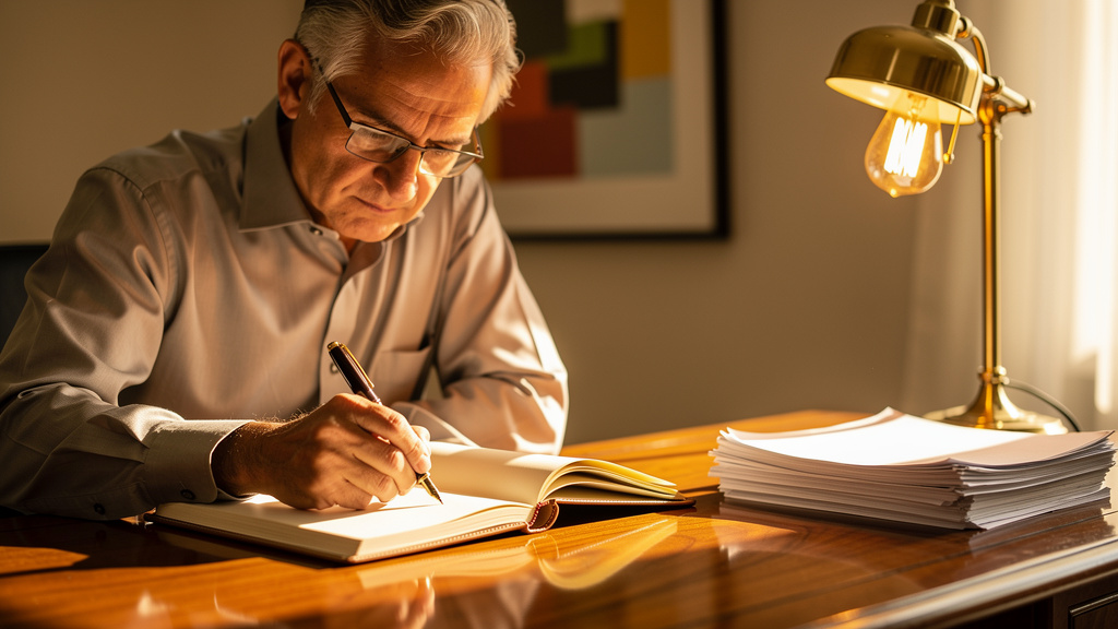 Editor drafting an opening paragraph in a leather notebook on a warm-lit oak desk with a brass lamp