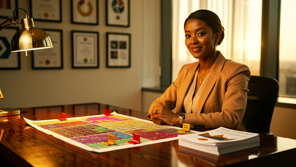 Marketing analytics leader reviewing a printed citation surface heatmap and a stack of weekly visibility reports on a warm-lit walnut desk during golden hour