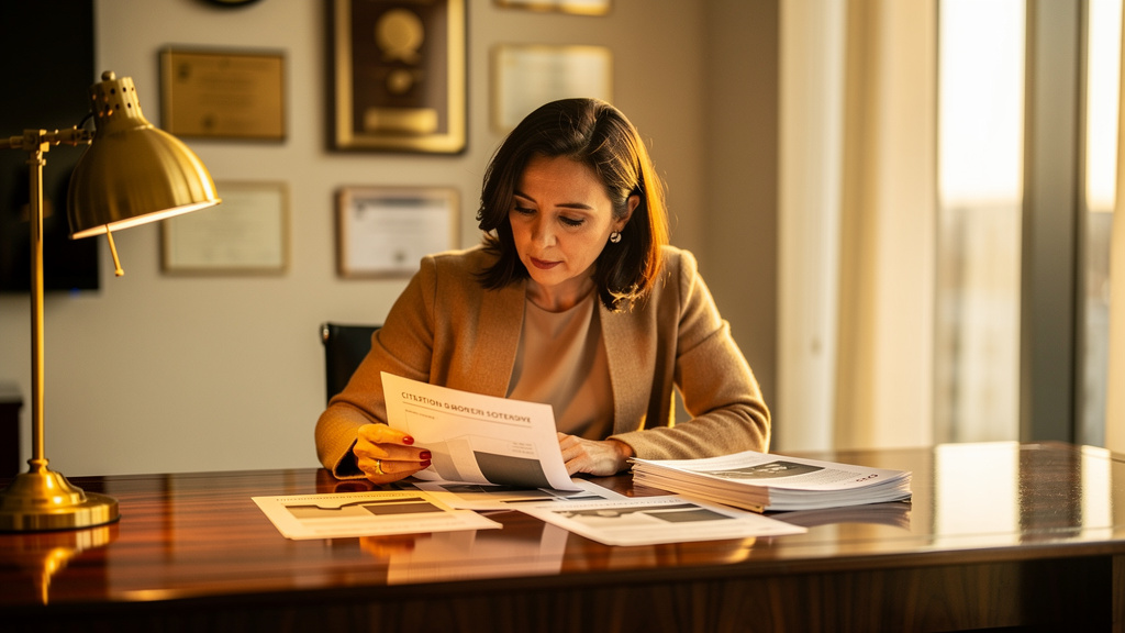 Brand reputation strategist reviewing a printed citation analysis and a stack of third-party press coverage at a warm-lit walnut desk during golden hour