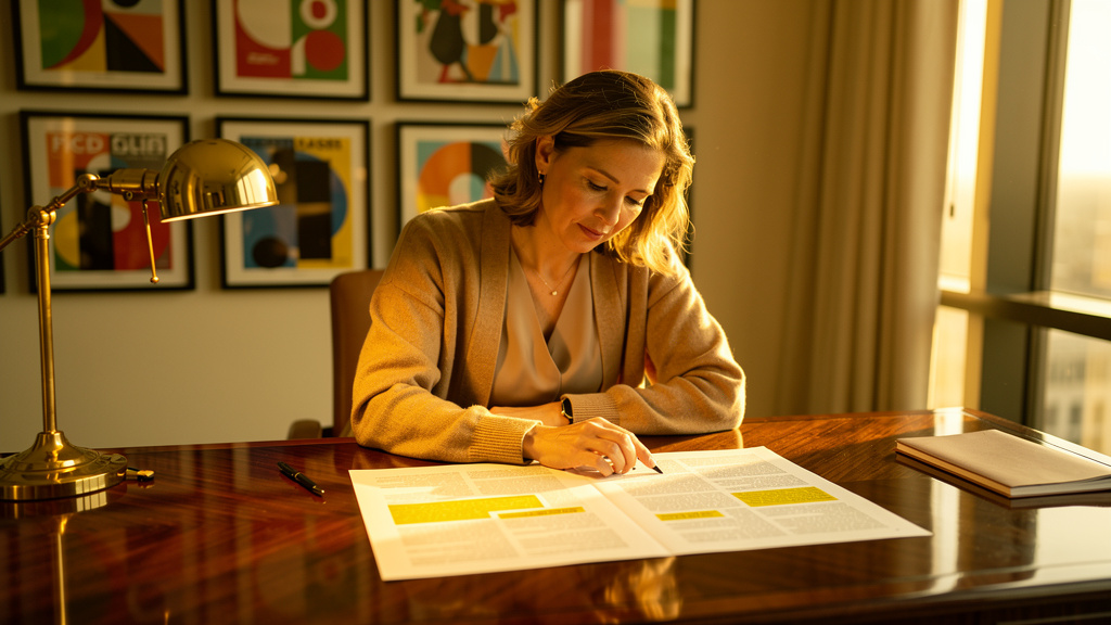 Magazine editor reviewing a printed article with highlighted pull quotes on a warm-lit walnut desk during golden hour