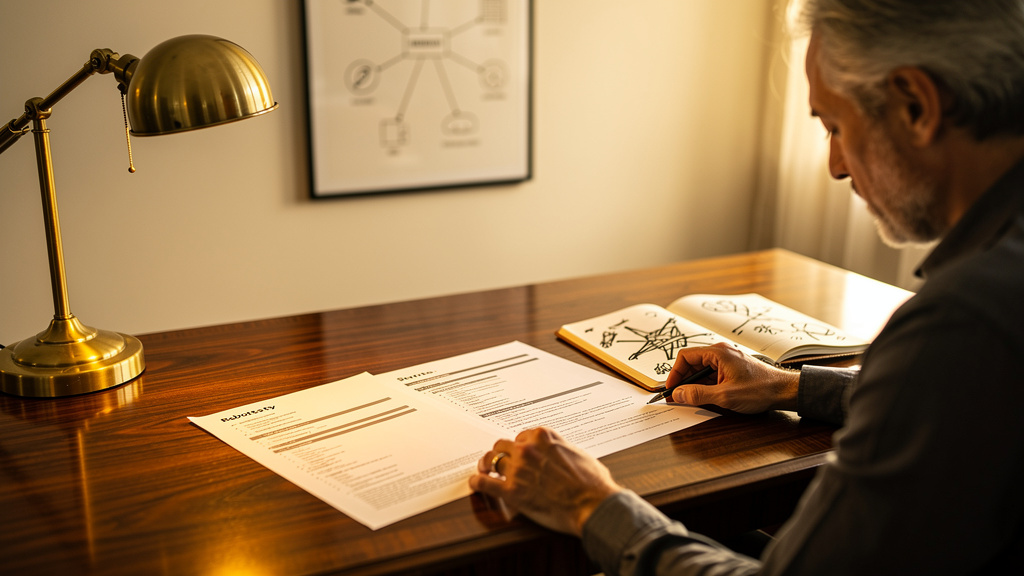 Developer reviewing a printed robots.txt configuration on a warm-lit office desk with a leather notebook
