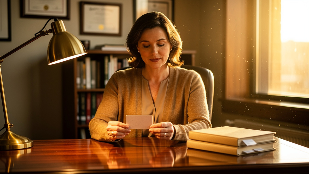 Librarian-style researcher reviewing a printed source-file index card and a stack of reference dossiers at a warm-lit walnut desk during golden hour