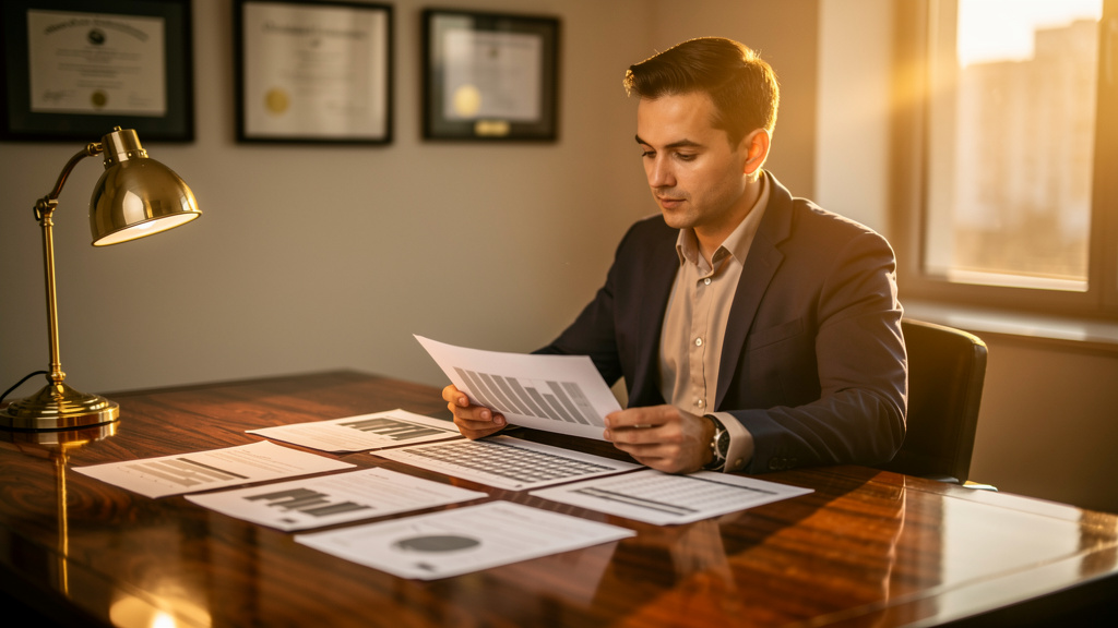 Enterprise security analyst reviewing printed SOC 2 and ISO 27001 attestation pages and a vendor risk matrix at a warm-lit desk