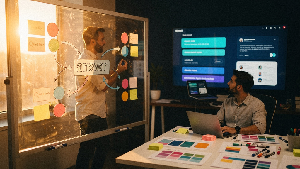 Marketing strategist drawing the four pillars of Answer Engine Optimization on a glass wall in a warm, sunlit office