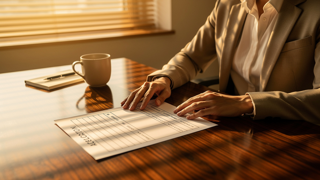 A chief marketing officer reviewing a budget allocation worksheet with two distinct columns labeled AEO and SEO in a warm executive office